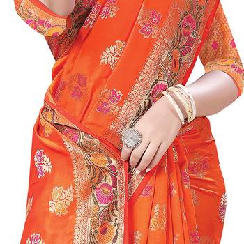 Orange woven banarasi silk saree with blouse 4