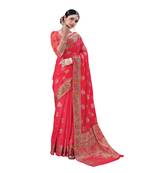 Pink woven banarasi silk saree with blouse