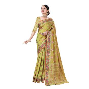 Green woven banarasi silk saree with blouse 1