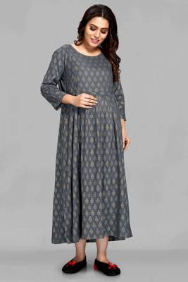 Grey printed viscose rayon long-dresses 1