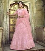 Pale Chestnut Peach Thread, zari, dori and Sequins embroidered net Semi Stitched Bridal Lehenga