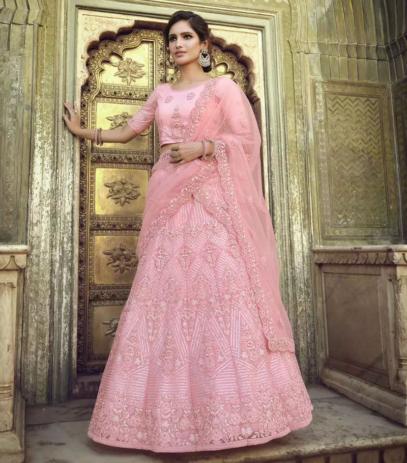 Pale Chestnut Peach Thread, zari, dori and Sequins embroidered net semi stitched Bridal lehenga