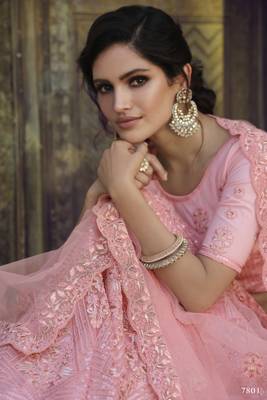 Pale Chestnut Peach Thread, zari, dori and Sequins embroidered net Semi Stitched Bridal Lehenga 2