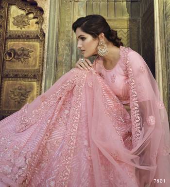 Pale Chestnut Peach Thread, zari, dori and Sequins embroidered net Semi Stitched Bridal Lehenga 3