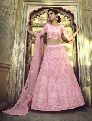 Pale Chestnut Peach Thread, zari, dori and Sequins embroidered net Semi Stitched Bridal Lehenga 4
