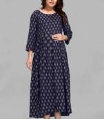 Navy-blue printed viscose rayon long-dresses