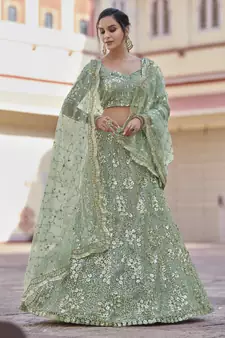 Lemon Grass Green Thread and Sequins embroidered net semi stitched wedding lehenga