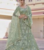 Spanish Green Thread, zari, dori and Sequins embroidered net Semi Stitched Bridal Lehenga