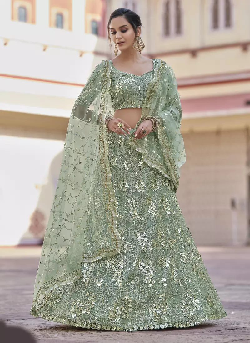 Lemon Grass Green Thread and Sequins embroidered net semi stitched wedding lehenga