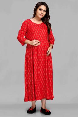 Red printed viscose rayon long-dresses 1