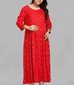 Red printed viscose rayon long-dresses