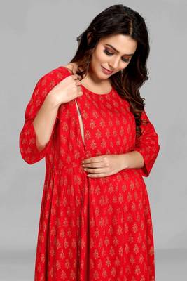 Red printed viscose rayon long-dresses 3