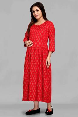 Red printed viscose rayon long-dresses 4