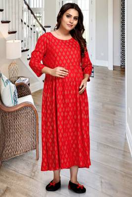Red printed viscose rayon long-dresses 5