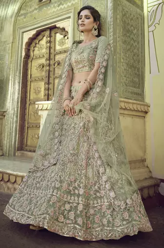 Spanish Green Thread, zari, dori and Sequins embroidered net semi stitched Bridal lehenga