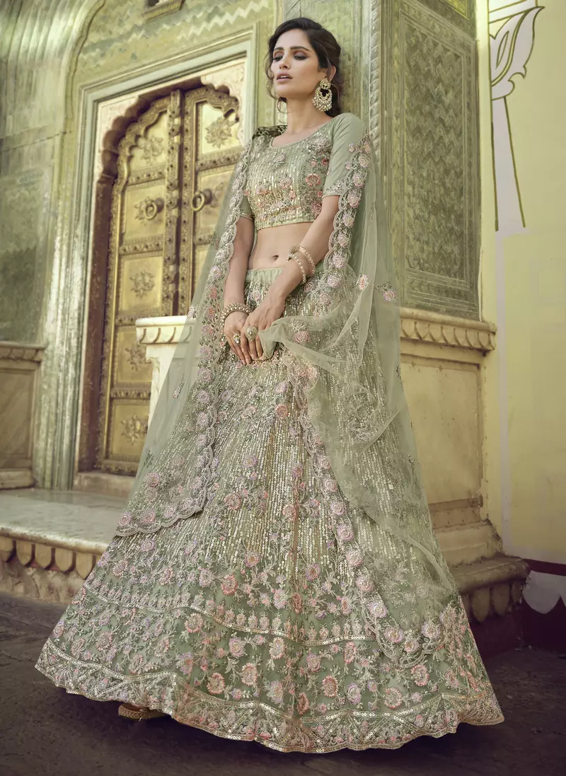 Spanish Green Thread, zari, dori and Sequins embroidered net semi stitched Bridal lehenga