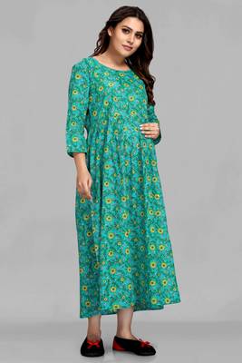 Green printed viscose rayon long-dresses 1