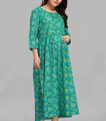 Green printed viscose rayon long-dresses
