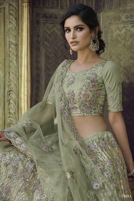 Spanish Green Thread, zari, dori and Sequins embroidered net Semi Stitched Bridal Lehenga 2