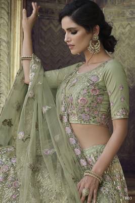 Spanish Green Thread, zari, dori and Sequins embroidered net Semi Stitched Bridal Lehenga 3