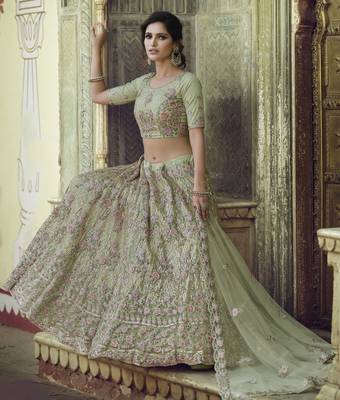 Spanish Green Thread, zari, dori and Sequins embroidered net Semi Stitched Bridal Lehenga 4