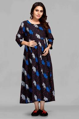 Navy-blue printed viscose rayon long-dresses 1