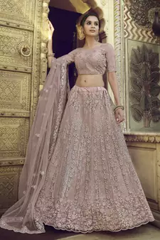 Opium Mauve purple Thread, zari, dori and Sequins embroidered net semi stitched wedding lehenga