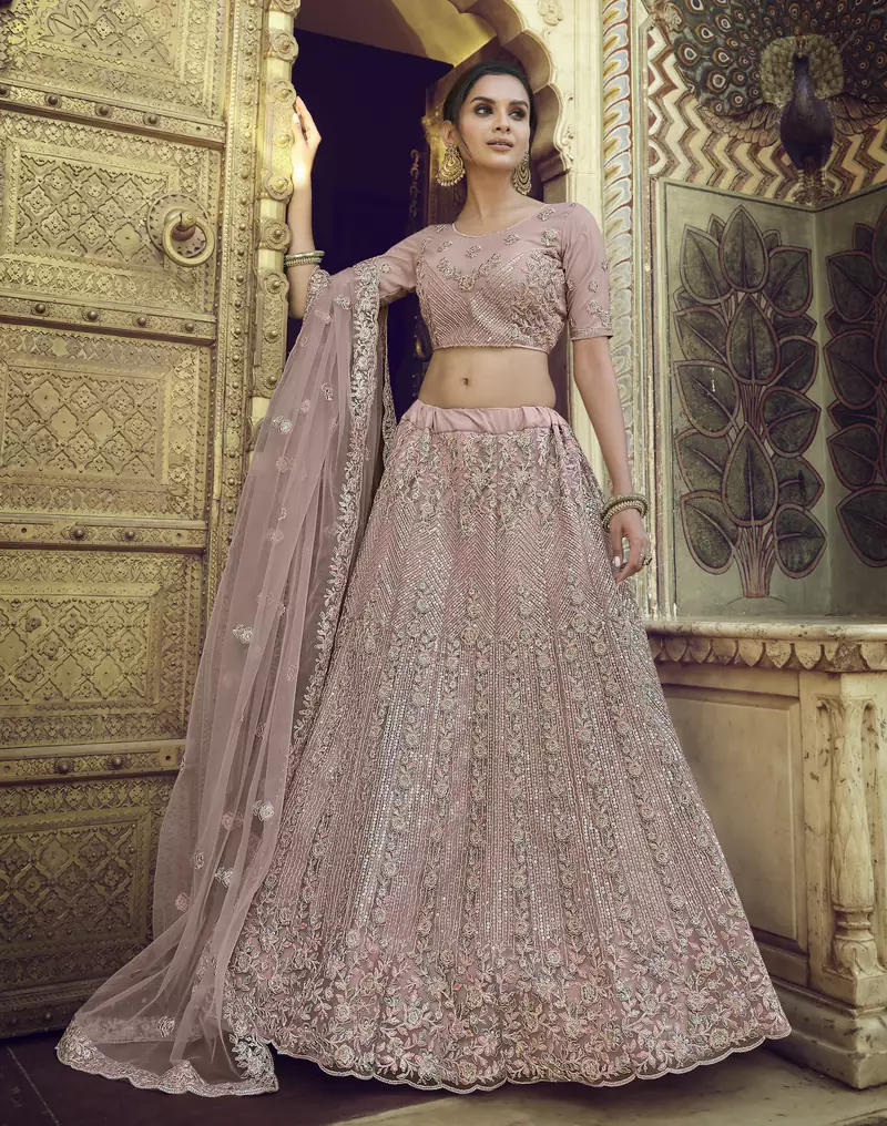 Opium Mauve purple Thread, zari, dori and Sequins embroidered net semi stitched wedding lehenga