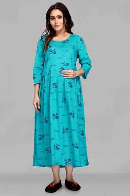 Turquoise printed viscose rayon long-dresses 1