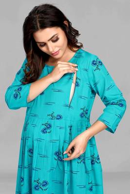 Turquoise printed viscose rayon long-dresses 3