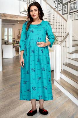 Turquoise printed viscose rayon long-dresses 5