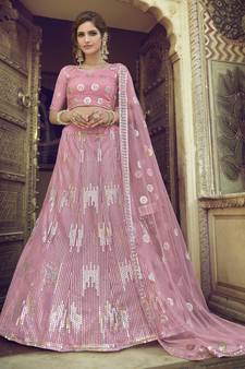 Viola Pink Sequins embroidered net Semi Stitched Bridal Lehenga
