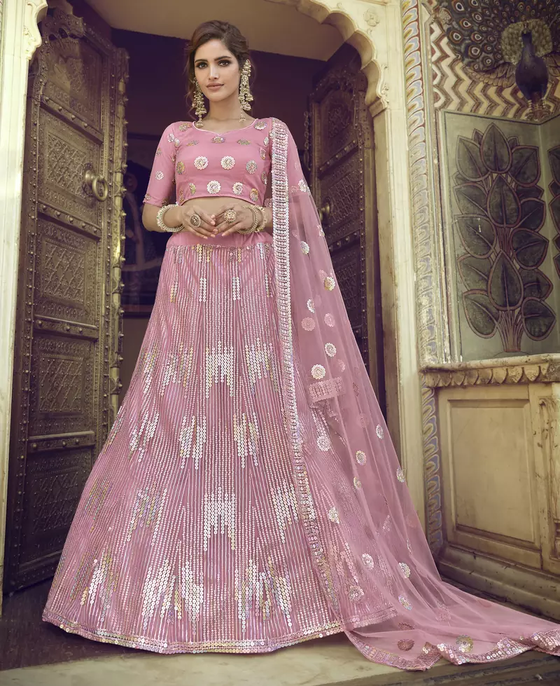 Viola Pink Sequins embroidered net semi stitched Bridal lehenga