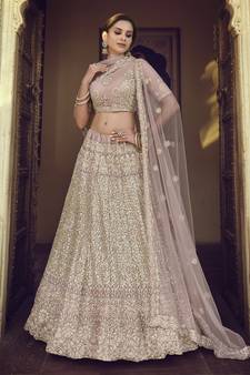 Hemp Mauve purple Thread, zari, dori and Sequins embroidered net semi stitched wedding lehenga