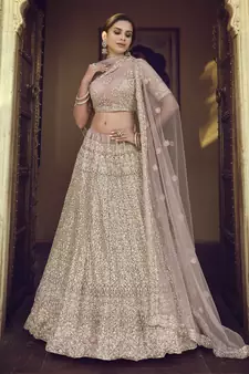 Hemp Mauve purple Thread, zari, dori and Sequins embroidered net semi stitched wedding lehenga
