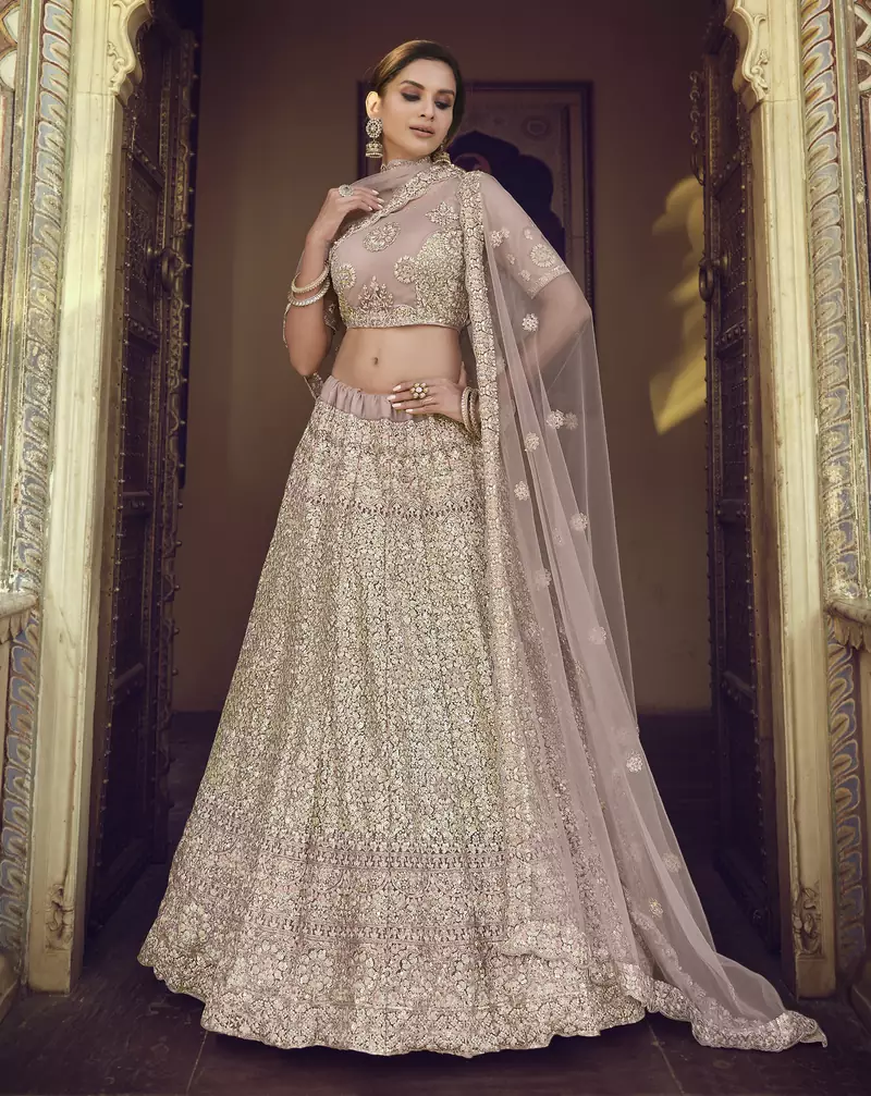 Hemp Mauve purple Thread, zari, dori and Sequins embroidered net semi stitched wedding lehenga