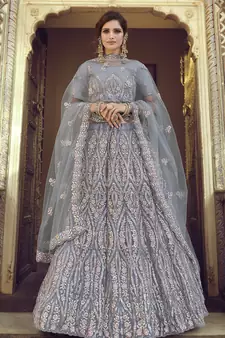 Aluminium Grey Thread, zari, dori and Sequins embroidered net semi stitched Bridal lehenga