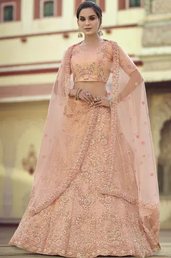 Clam Shell Peach Thread, zari, dori and Sequins embroidered net semi stitched wedding lehenga
