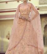 Clam Shell Peach colored Thread, zari, dori and Sequins embroidered net fabric lehenga choli