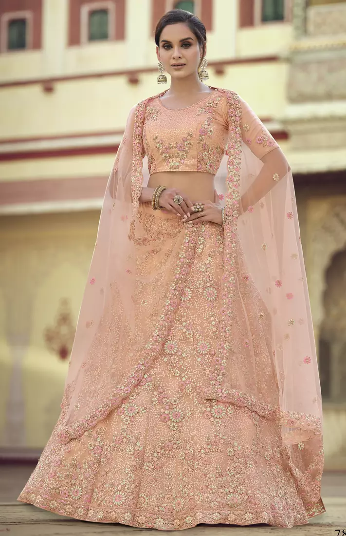 Clam Shell Peach Thread, zari, dori and Sequins embroidered net semi stitched wedding lehenga