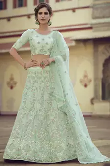 Norway Green Thread, zari, dori and Sequins embroidered net semi stitched Bridal lehenga