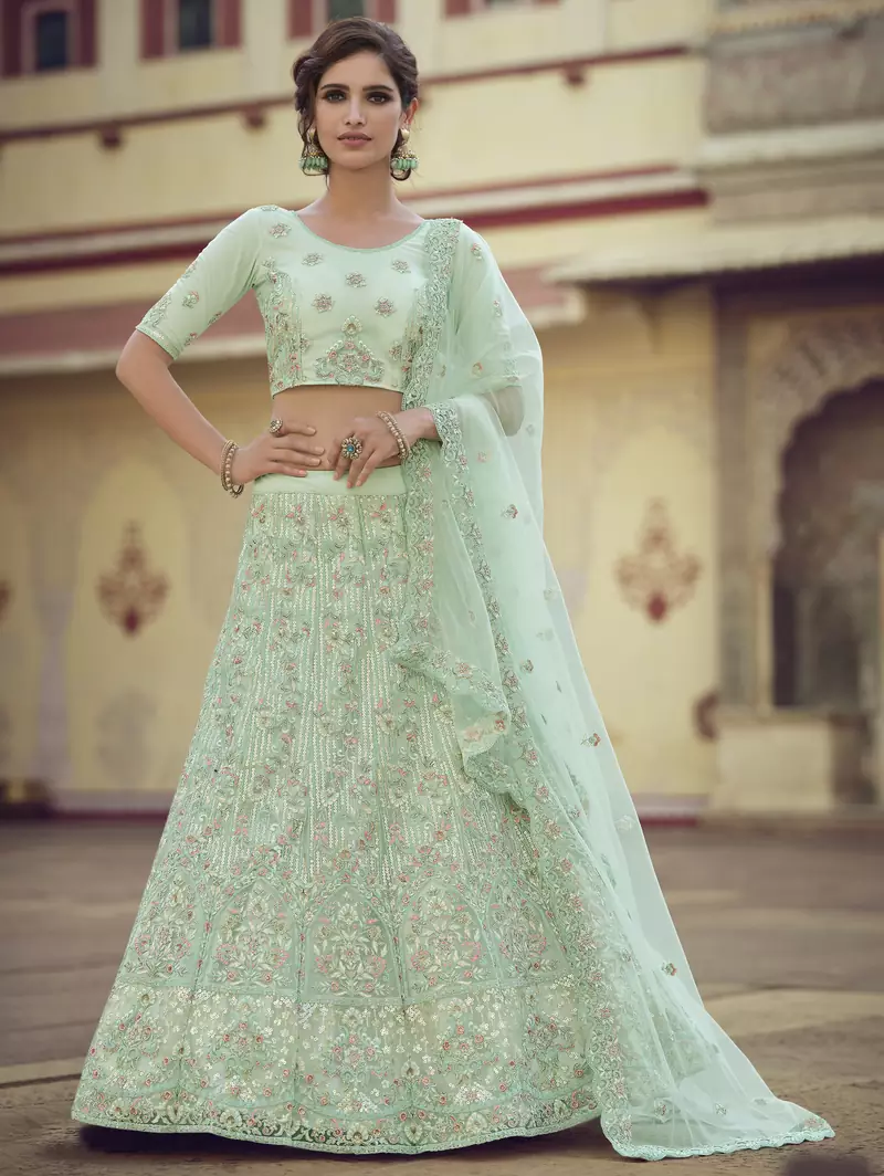 Norway Green Thread, zari, dori and Sequins embroidered net semi stitched Bridal lehenga
