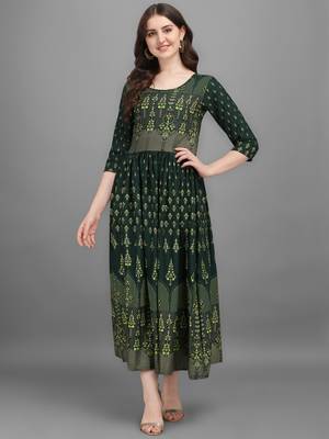 Green printed viscose rayon long-dresses 1