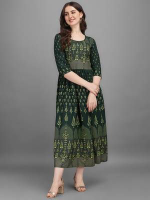 Green printed viscose rayon long-dresses 2