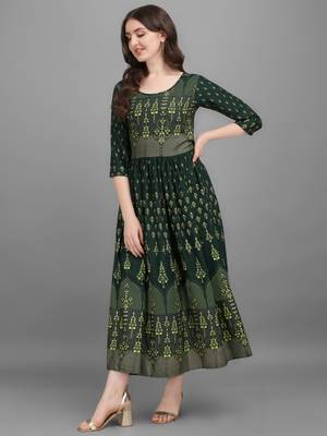 Green printed viscose rayon long-dresses 3