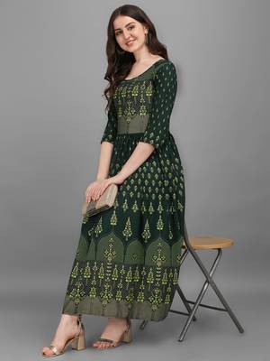 Green printed viscose rayon long-dresses 4
