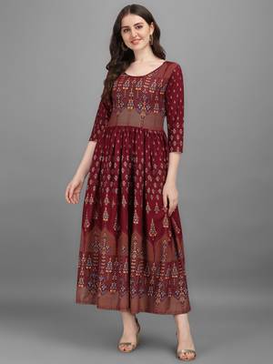 Maroon printed viscose rayon long-dresses 1