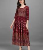 Maroon printed viscose rayon long-dresses