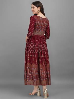 Maroon printed viscose rayon long-dresses 2