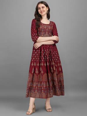 Maroon printed viscose rayon long-dresses 3
